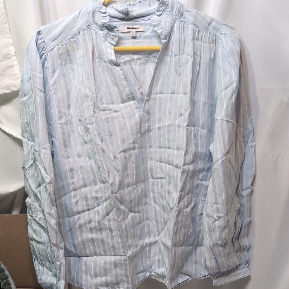Madewell Ruffled Popover  Sky Blue Striped Top Size Medium NWT